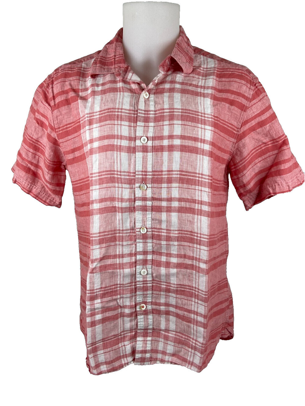 Nat Nast Men Large Linen Short Sleeve Shirt Light Red White Plaid Casual Beach